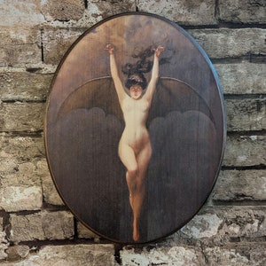 La Femme Chauve-Souris di Albert Joseph Pénot, opera d'arte in legno da parete (extra large 11 x 14 pollici) - Penot Witch Bat Batwoman - Targa in legno fatta a mano