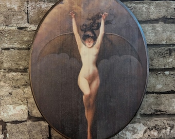 La Femme Chauve-Souris by Albert Joseph Pénot Wooden Wall Art (Extra Large 11 x 14 in)- Penot Witch Bat Batwoman- Handmade Wood Plaque Sign
