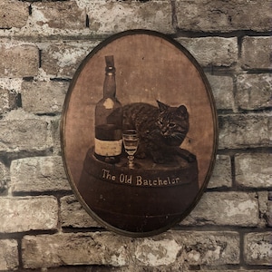 Whiskey Barrel Cat 1865 - The Old Batchelor" Cat fotomuur - houten bord Handgemaakte fotooverdracht