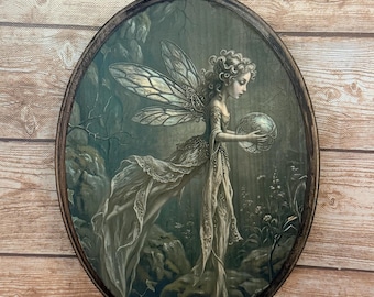 Magische bolfee vintage stijl kunst houten muurplaquette - heksenfee muurdecoratie kunst - handgemaakte houten muurkunst bos