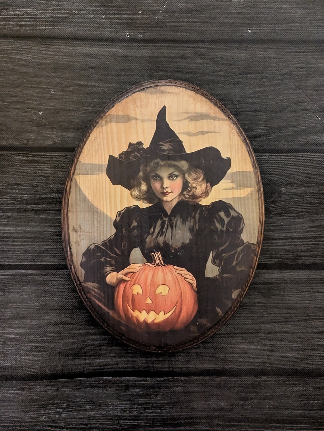 Vintage Witch With Pumpkin Halloween Wood Wall Art - Witch Wall Art - Handmade Wooden Plaque ...