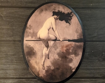 Depart Pour le Sabbat by Albert Joseph Pénot - Witch Wall Art- Handmade Wood Plaque Sign - Penot Witch Flying on Broom Sabbath