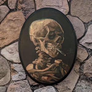 Skull of a Skeleton with Burning Cigarette Wood Portrait - 1886 Vincent Van Gogh Art Sign Wooden Wall Plaque - Handmade handmade  transfer