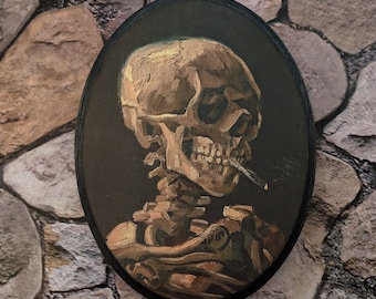 Skull of a Skeleton with Burning Cigarette - 1886 Vincent Van Gogh Art Sign Wooden Wall Plaque - Handmade wood ink transfer