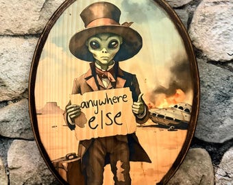 Alien Hitchhiker Vintage Victoriaans houten portret - Cryptid houten muurkunst - decor plaquette - handgemaakte Roswell-ufo sci-Fi