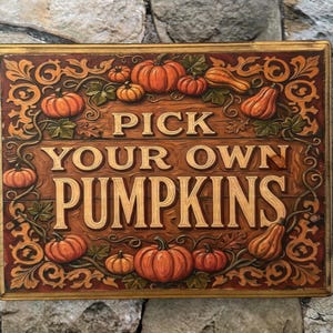 May include: A rectangular wooden sign with a dark brown finish featuring the carved text PICK YOUR OWN PUMPKINS in the center. The border is decorated with relief carvings of various orange pumpkins, gourds, and swirling green vine patterns.