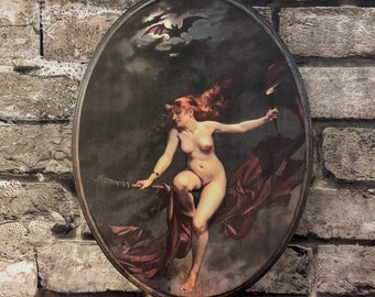 Festival delle Streghe 1880 di Luis Ricardo Falero - Arte murale delle streghe - Targa in legno fatta a mano - Strega che vola sulla scopa