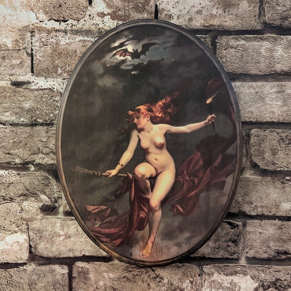 Festival of the Witches 1880 by Luis Ricardo Falero - Witch Wall Art- Handmade Wood Plaque Sign - Witch Flying on Broom
