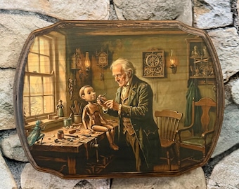 De avonturen van Pinocchio door Carlo Collodi - Victoriaans geïnspireerde stijl verhalenboek muurkunst - Handgemaakte houten plaquette