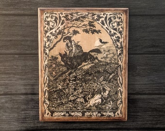 XL Witch Riding a Wolf wood plaque (11" x 14" extra large) La Vie Execrable de Guillemette Babin Sorciere Maurice Garcon