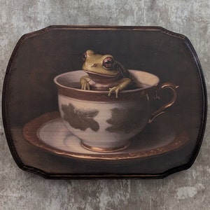 Frog in Teacup Wall Art - Handmade Wood Plaque Sign - Frog Toad Amphibian Wall Art - Tea Wall Décor Cottagecore Animal