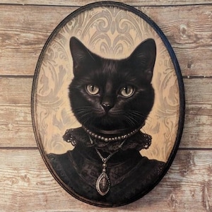 Miss Black Cat in Lace Collar Jewels Victorian Portrait - Vintage Style Animal Wall Art - Wooden Decor Plaque Sign - Handmade photo transfer