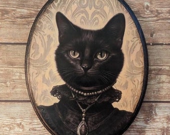 Miss Black Cat in Lace Collar Jewels Victorian Portrait - Vintage Style Animal Wall Art - Wooden Decor Plaque Sign - Handmade photo transfer