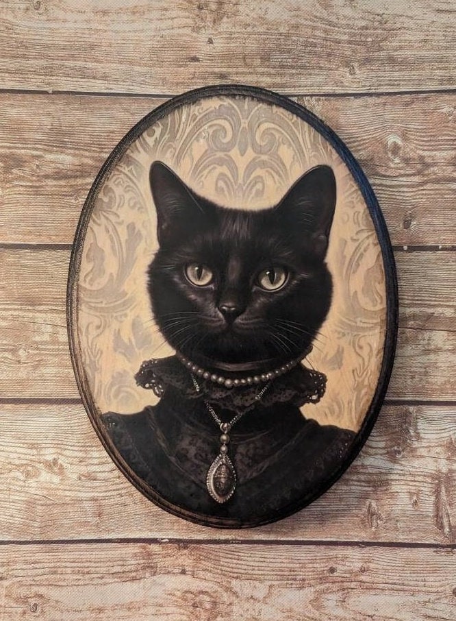 Miss Black Cat in Lace Collar Jewels Victorian Portrait - Vintage