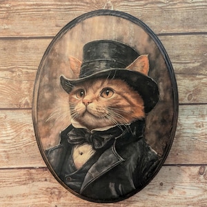 Mr Orange Cat in Top Hat Victorian Portrait - Vintage Style Animal Wall Art - Wooden Decor Plaque Sign - Handmade photo transfer
