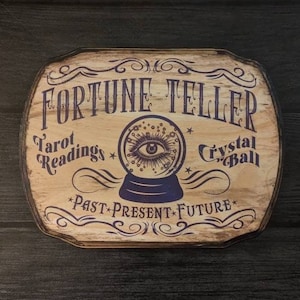 Letrero de madera para pared con adivino - Lectura de cartas del tarot - Bola de cristal - Letrero de madera - Transferencia de tinta hecha a mano