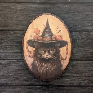 Vintage Black Cat in Witch Hat Halloween Wall Art - Witch Wall Art- Handmade Wood Plaque Sign - Pumpkins Fall Foliage Cottagecore Witch
