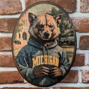 Student Wolverine Portrait Wooden Wall Art - Handmade Wood Plaque Sign - College Collegiate Gift Michigan