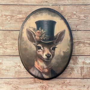 Miss Doe Deer Victorian Portrait - Vintage Style Woodland Animal Wall Art - Wooden Décor Plaque Sign - Handmade photo transfer