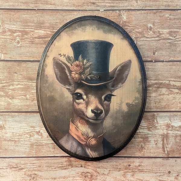 Miss Doe Deer Victorian Portrait - Vintage Style Woodland Animal Wall Art - Wooden Décor Plaque Sign - Handmade photo transfer