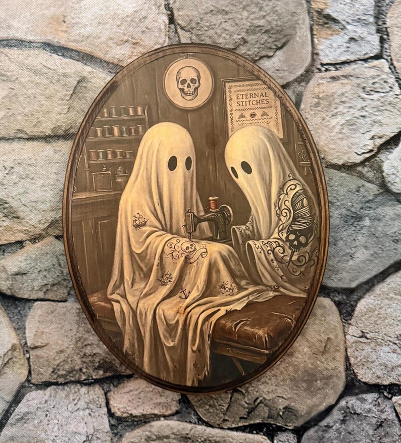 Vintage Tattoo Ghost - Haunted Halloween Fall Gothic Wall Art - Wooden ...