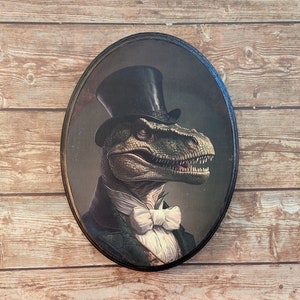 Mr T Rex Dinosaur Victorian Portrait - Vintage Style Tyrannasaurus Rex Wall Art - Wooden Decor Plaque Sign - Handmade photo transfer