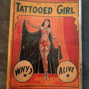 Tattooed Girl Freak Show Sideshow Vintage Art Hanging Wall Plaque Sign Handmade Tattoo Wall Art Shop Parlor Artist image 3