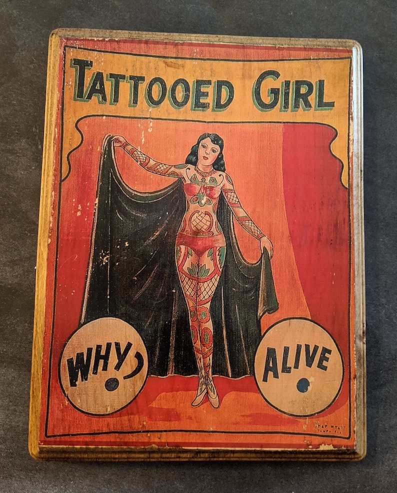 Tattooed Girl Freak Show Sideshow Vintage Art Hanging Wall Plaque Sign Handmade Tattoo Wall Art Shop Parlor Artist image 3