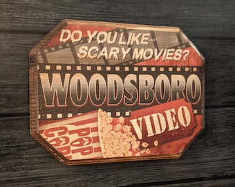 Woodsboro Video - Scream Parody Horror Movie Sign -  Wood Sign Wall Plaque - Handmade wood ink transfer