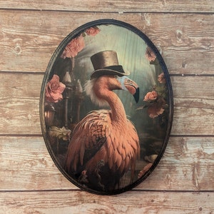 Mr Flamingo Victorian Portrait - Vintage Style Animal Bird Wall Art - Wooden Decor Plaque Sign - Handmade photo transfer