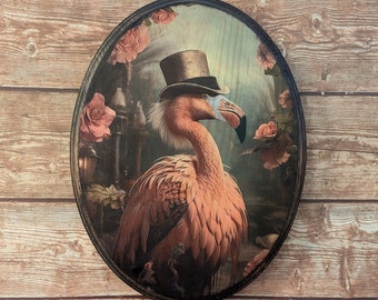 Mr Flamingo Victorian Portrait - Vintage Style Animal Bird Wall Art - Wooden Decor Plaque Sign - Handmade photo transfer