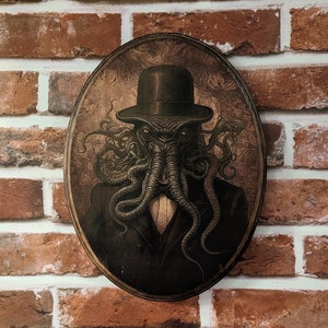 Cthulhu Victorian Portrait with Hat - Vintage Style Animal Wall Art - Wooden Decor Plaque Sign - Handmade photo transfer