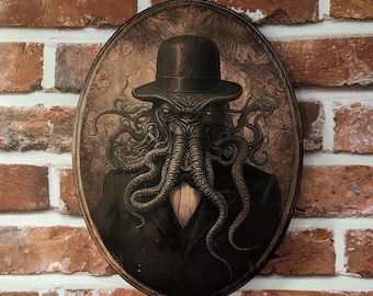 Victoriaans portret Cthulhu met hoed - vintage dierenmuurkunst - houten decorplaquette - handgemaakte fotooverdracht