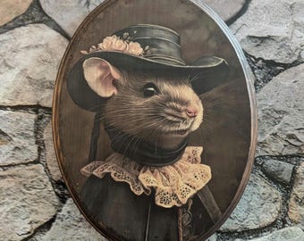 Miss Rat Viktorianisches Holz Portrait - Vintage Stil Tier Wandkunst - Holzdekor Plakette Zeichen - Handgemachter Foto Transfer - Nager Maus Dekor