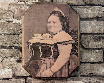 Tea Time Server - Tea Cup Boobies - Freak Show Hanging Wall Plaque Sign - Sideshow Vintage Photo Art  - Handmade photo transfer onto wood