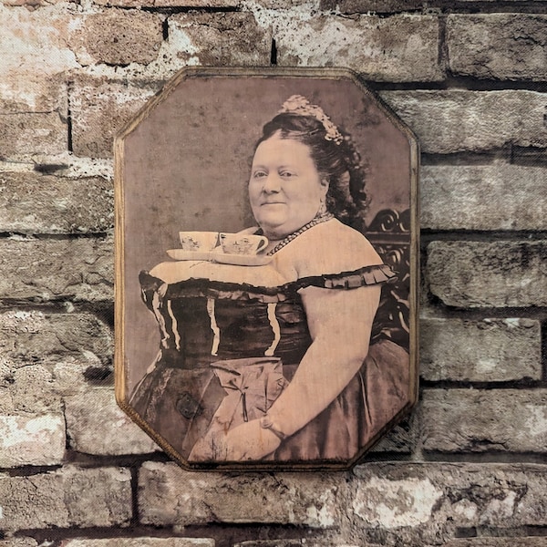 Tea Time Server - Tea Cup Boobies - Freak Show Hanging Wall Plaque Sign - Sideshow Vintage Photo Art  - Handmade photo transfer onto wood