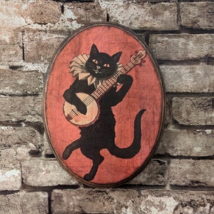 Chat noir jouant du banjo art 1896 - art mural Boston MA Shortstory poster - plaque en bois transfert photo fait main