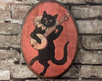 Black Cat Playing a Banjo Art 1896 - Boston MA Shortstory Poster Wall Art - Wood Plaque Sign Handmade photo transfer