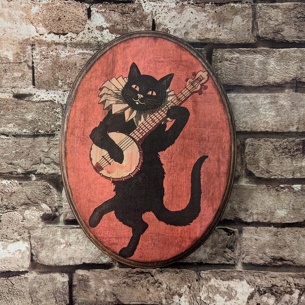 Black Cat Playing a Banjo Art 1896 - Boston MA Shortstory Poster Wall Art - Wood Plaque Sign Handmade photo transfer