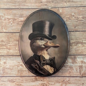 Mr Duck Victorian Portrait - Vintage Style Animal Bird Wall Art - Wooden Decor Plaque Sign - Handmade photo transfer