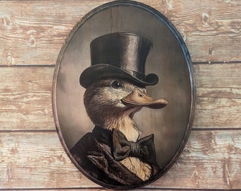 Mr Duck Victorian Portrait - Vintage Style Animal Bird Wall Art - Wooden Decor Plaque Sign - Handmade photo transfer