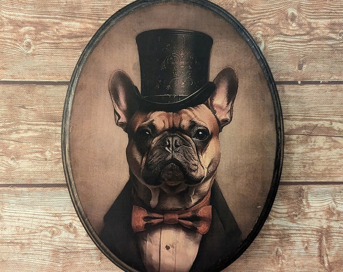 Ritratto vittoriano del cane Bulldog francese Mr Frenchie - Arte da parete per cani animali in stile vintage - Targa decorativa in legno - Trasferimento fotografico fatto a mano