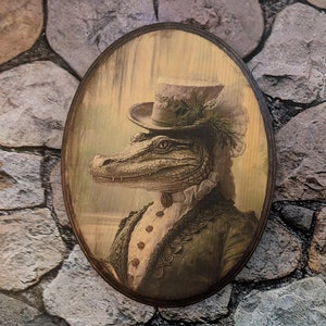 Miss Alligator Victorian Portrait - Vintage Style Gator Cottagecore Animal Wall Art - Wooden Décor Plaque Sign - Handmade photo transfer