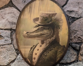 Miss Alligator Victorian Portrait - Vintage Style Gator Cottagecore Animal Wall Art - Wooden Décor Plaque Sign - Handmade photo transfer