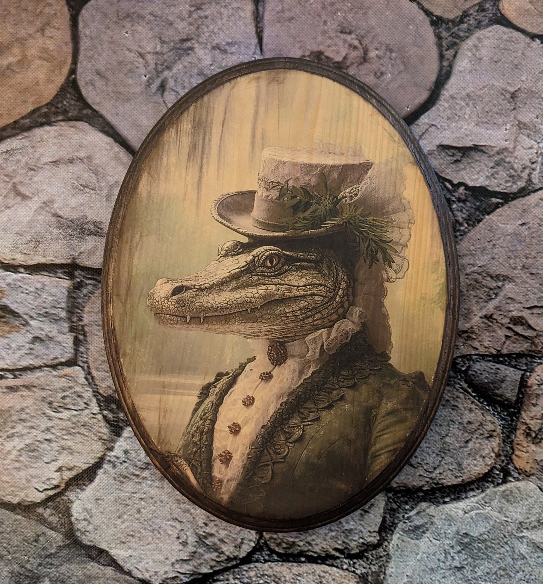 Miss Alligator Victorian Portrait - Vintage Style Gator Cottagecore Animal Wall Art - Wooden Décor Plaque Sign - Handmade photo transfer