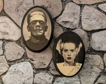 MINI Frankenstein and Bride of Frankenstein Set of 2 Portraits -Universal Monsters-  Wood Sign Wall Plaques - Handmade wood ink transfer