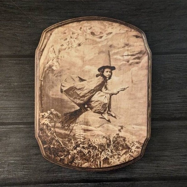 Little Witch Girl Riding a Broomstick Wooden Wall Plaque Sign- Child Witch Wall Décor Art - Handmade Witchcraft Wall Art