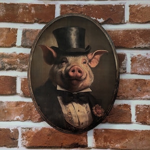 Mr Pig Victorian Portrait - Vintage Style Animal Wall Art - Wooden Decor Plaque Sign - Handmade photo transfer