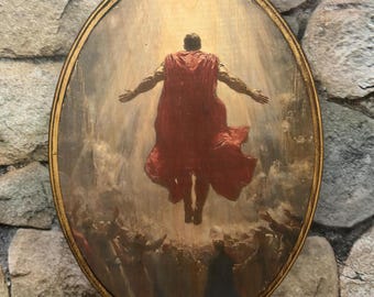 Superhero God Religious Art Inspired Parody - Wood Sign Wall Plaque - Handmade photo transfer Super Deity Victorian Style Painting Art Hero