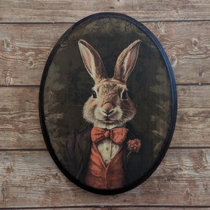 Portrait victorien de Mr Rabbit - Lapin d'art mural animal Cottagecore de Style vintage - Plaque décorative en bois en bois - Transfert photo fait main